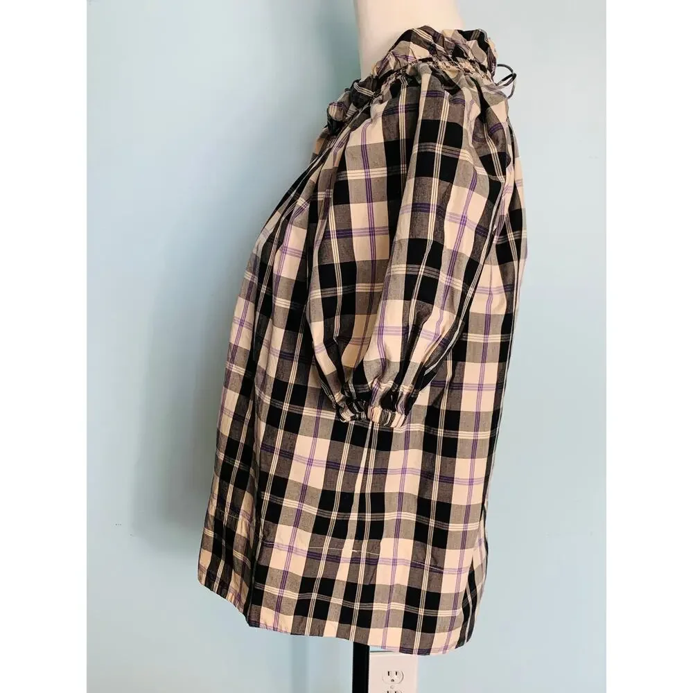 J. Crew Smocked-Neck Puff-Sleeve Top in Friday Plaid Size XS